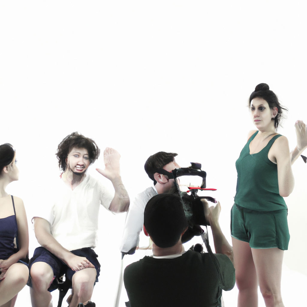 Estudiantes de actuación en estudio luminoso en Santiago de Chile con coach guiando ejercicios de cámara